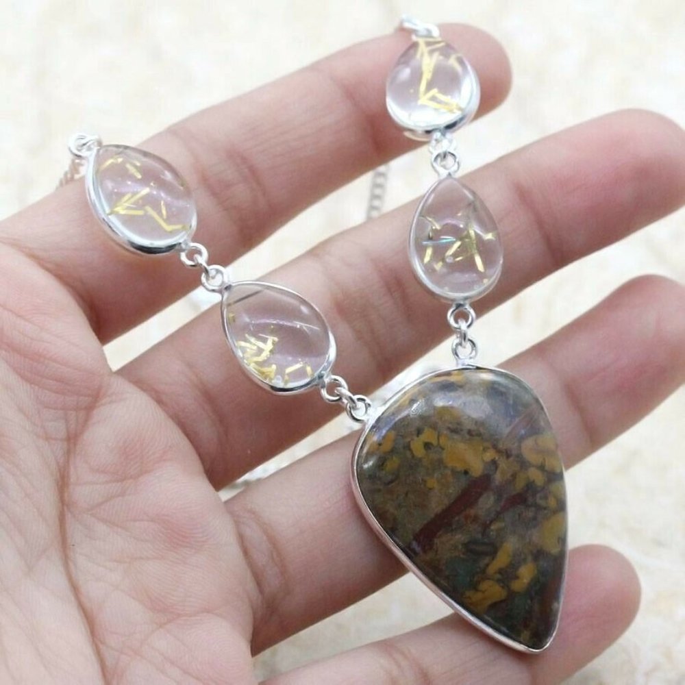 Fruit Jasper 925 Silver Plated Handmade Gemstone Necklace  is 19"  Long